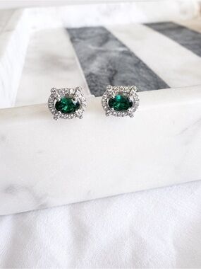 925 Sterling Silver Green Emerald CZ Halo Stud Earrings Sparkly Statement